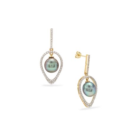 Tahitian Cultured Pearl And White Zircon 9k Gold Tomas Rae Earrings 9 Mm Gemporia