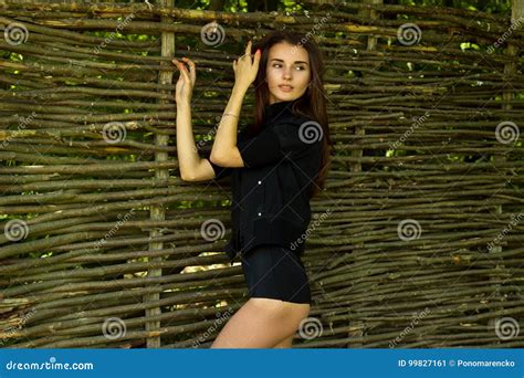 Beautiful Skinny Brunette In Black Clothes Standing Near Wall Stock Image Image Of Freedom