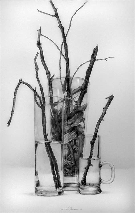 Black And White Photograph Of Branches In Glass Mugs