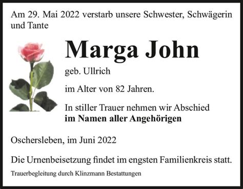 Traueranzeigen Von Marga John Geb Ullrich Abschied Nehmen De