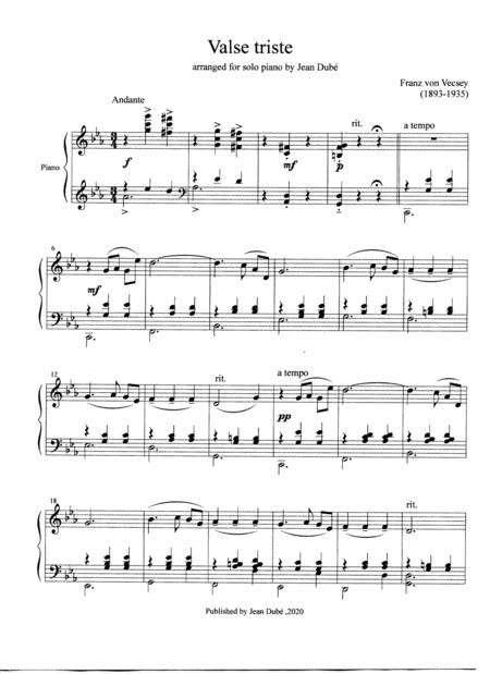 Fvon Vecsey Valse Triste For Piano Solo Arr Jean Dubé By Franz