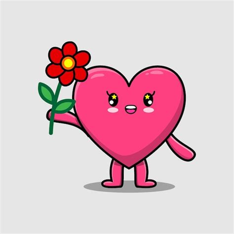 Lindo corazón encantador de dibujos animados con flor roja Vector Premium