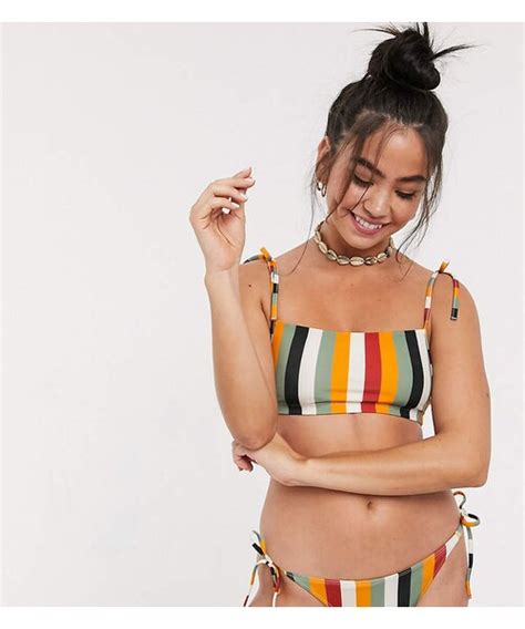 Monki（モンキ）の「monki Recycled Polyester Multi Stripe Tie Strat Bikini Top In Off White（水着）」 Wear