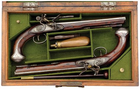 Pair Of Silver Mounted Field And Parker Flintlock Dueling Pistols Rock