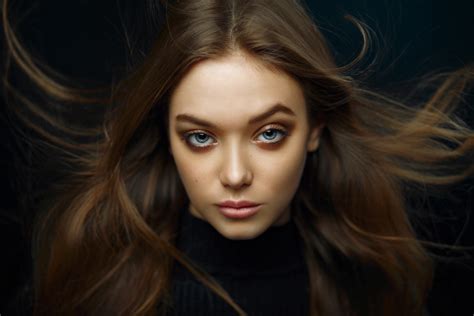 Ivan Kovalyov Women Brunette Long Hair Messy Hair Blue Eyes Model