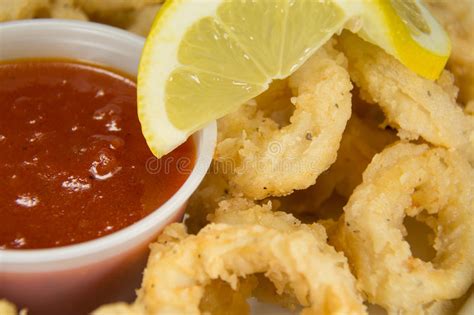 Fried Calamari With Marinara Sauce And Lemon Closeup Stock Image