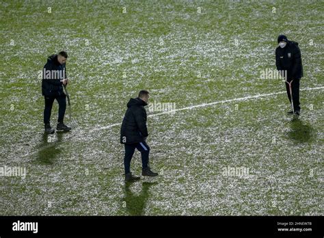 Ground Staff Work On The Water Logged Pitch At Hillsborough Stadium