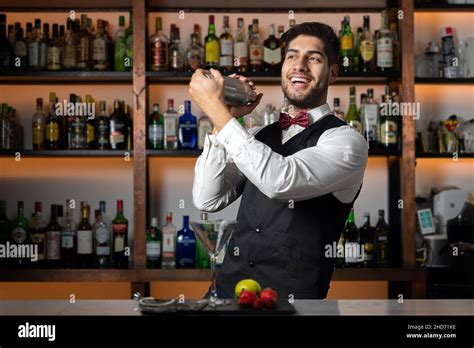 Bartender Shaking Cocktail Shaker In Cocktail Bar High Quality Photo