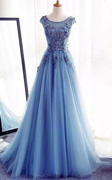 A Line Sleeveless Jewel Floor Length Applique Tulle Dress June Bridals