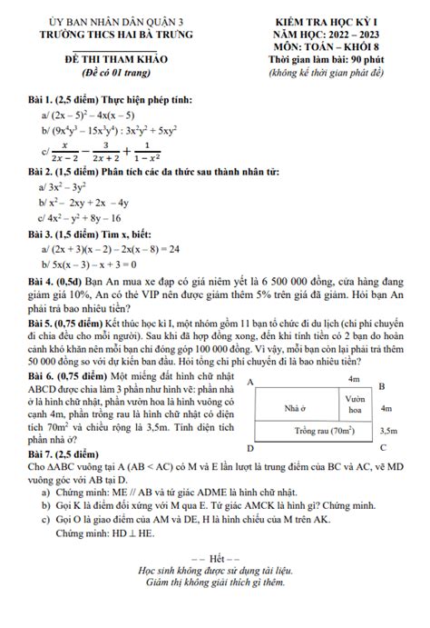 Đề tham khảo học kì 1 Toán 8 năm 2022 2023 trường THCS Hai Bà Trưng