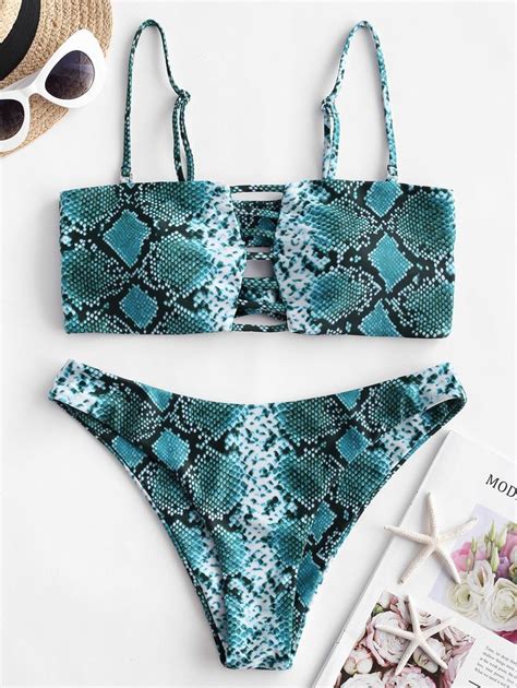 ZAFUL Snakeskin Ladder Cutout Bandeau Bikini Swimsuit SEA TURTLE GREEN