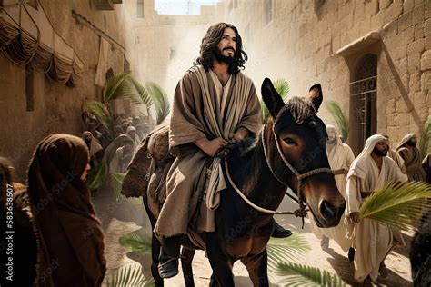 Biblical account of Jesus Christ riding a donkey while many people surrounded him. Triumphal ...