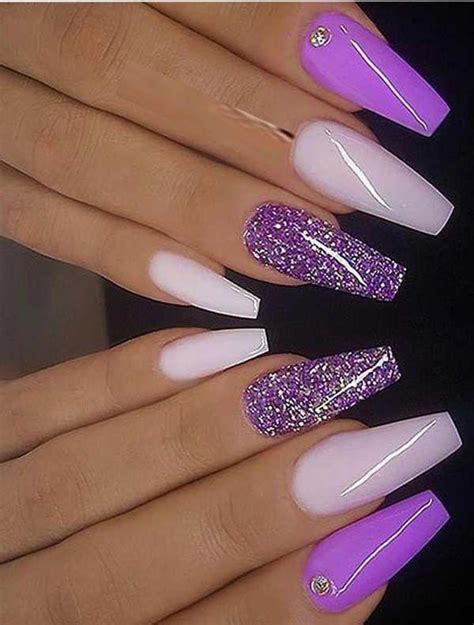 Cute Bright Purple Milky Pink And Glitter On Coffin Nails In 2019