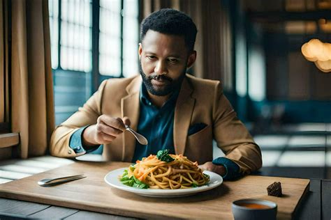 a man is eating spaghetti on a plate. AI-Generated 32268198 Stock Photo ...