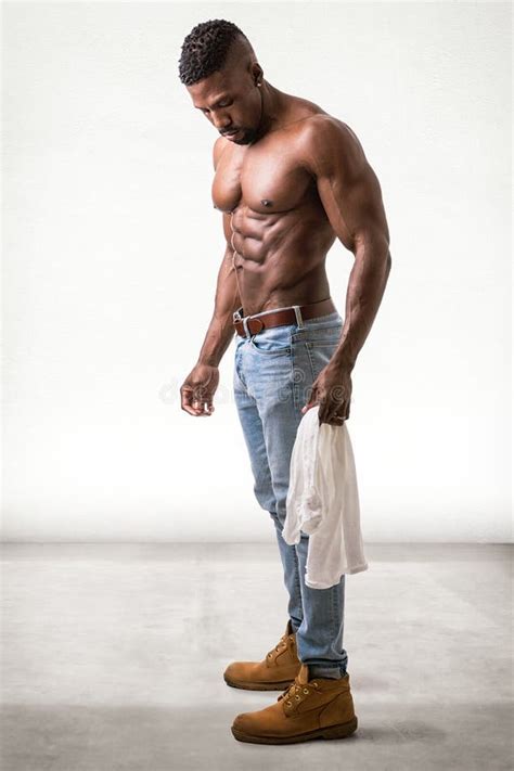 African American Bodybuilder Man Naked Muscular Torso Wearing Jeans