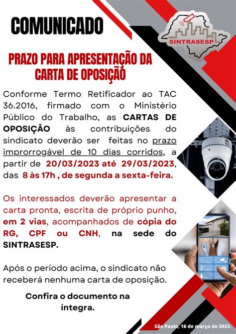 Prazo para apresentar carta de oposição SINTRASESP