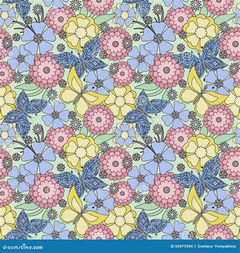 Floral Butterflies Horizontal Seamless Pattern Vector Illustration