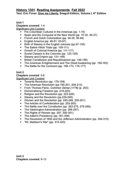 History 1301 Reading Assignments For Course Unit Exams Fall 2022