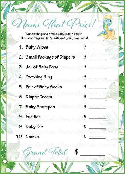 Name That Price Baby Shower Game Watercolor Dinosaur Baby Shower