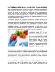 Ensayo Alimentos Transg Nicos Docx La Pol Mica Sobre Los Alimentos