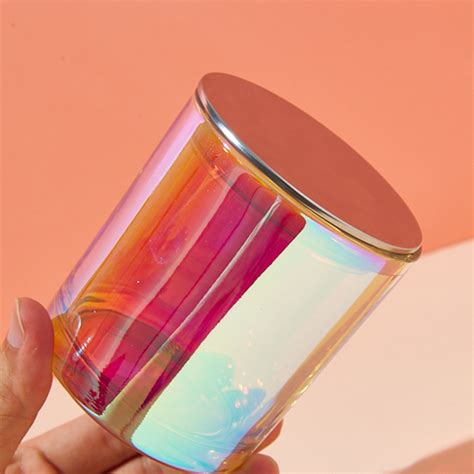 Luxury Metal Lid Rainbow Iridescent Holographic Glass Candle Jars