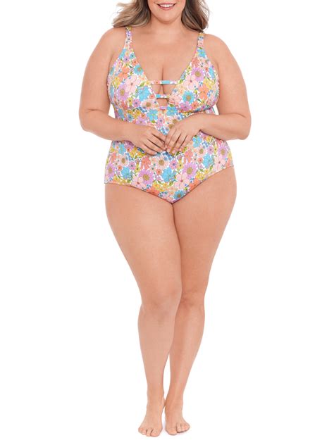 Time And Tru Womens Plus Size V Strappy Front One Piece Swimsuit