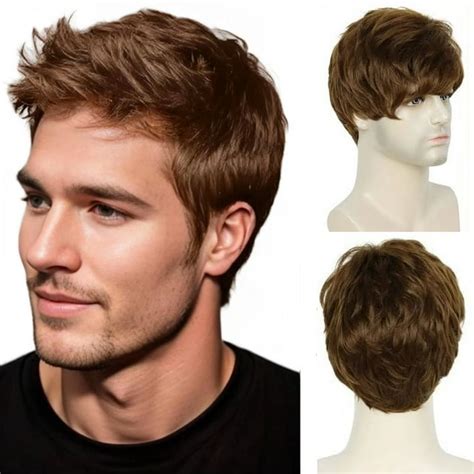 Creamily Mens Wig Short Brown Wigs For Men Pixie Wigs With Bangs Layered Natural Curly Wigs