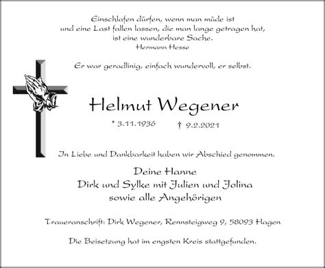 Traueranzeigen Von Helmut Wegener Trauer In Nrw De