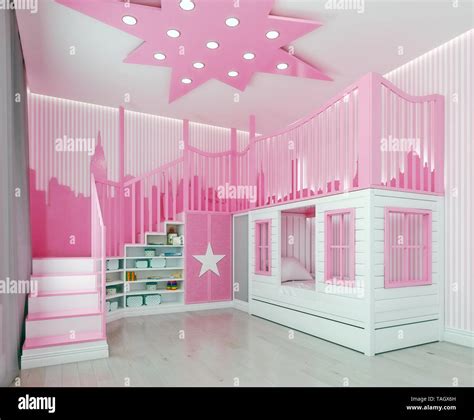 Modern interior design kids bedroom, pink, girl room, playroom, with double beds and stairs like ...