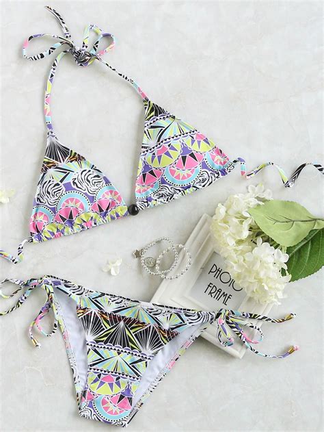 Multicolor Printed Side Tie Triangle Bikini Set SheIn Sheinside