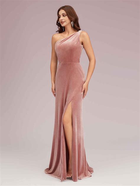 Modern Velvet One Shoulder Side Slit Sheath Long Party Prom Dresses