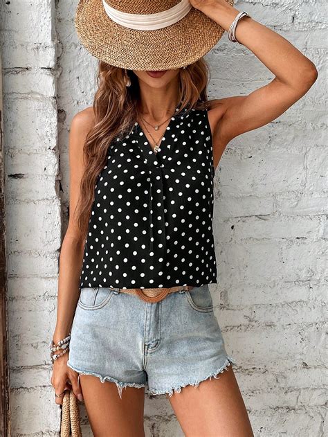 SHEIN Clasi Polka Dot Print V Neck Blouse SHEIN USA