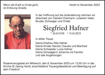 Traueranzeigen Von Siegfried Hafner Schwarzw Lder Bote Trauer