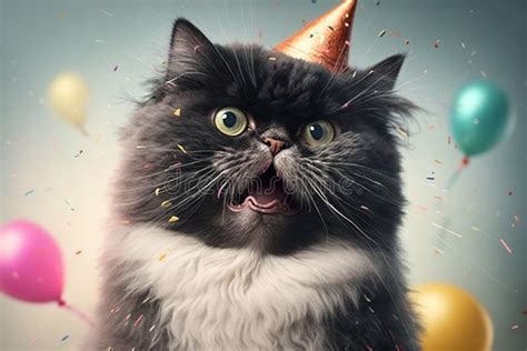 Studio Portrait Of Cute Cat Celebrating Birthday Party Created With