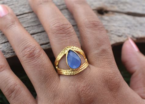 Blauer Chalcedon Ring K Vergoldet Ringe F R M Dchen Etsy De