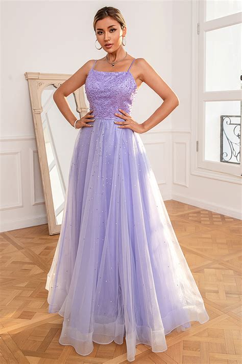 Zapakasa Women Sequins Prom Dress Light Purple Tulle A Line Spaghetti Straps Party Dress With Slit