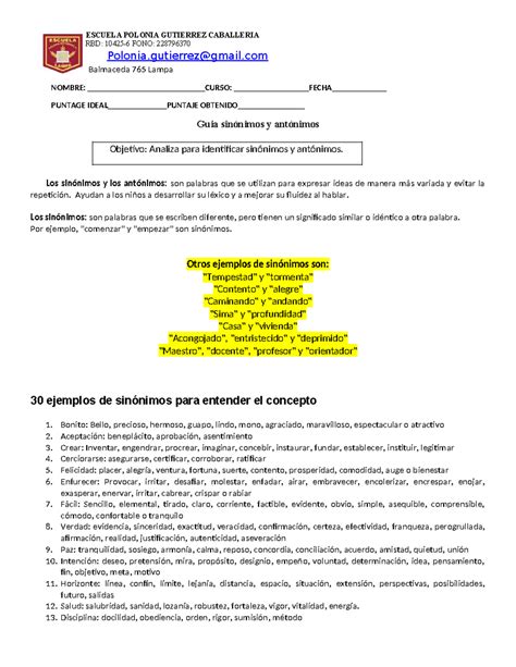 Actividades Sinonimo Y Antonimo 1