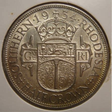 Africa 1934 Southern Rhodesia Sterling Silver Half Crown Of King