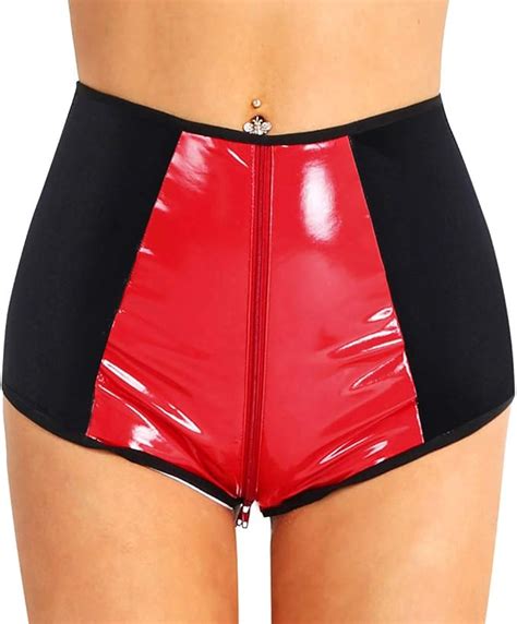 Iiniim Women Wet Look Leather Hologram High Waisted Zipper Crotch Rave Booty Shorts