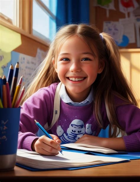 Una Chica De Escuela Con Una Sonrisa Linda Haciendo La Tarea En El