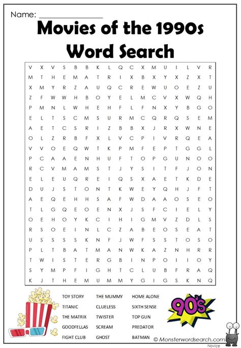 Movies Of The 1990s Word Search Monster Word Search