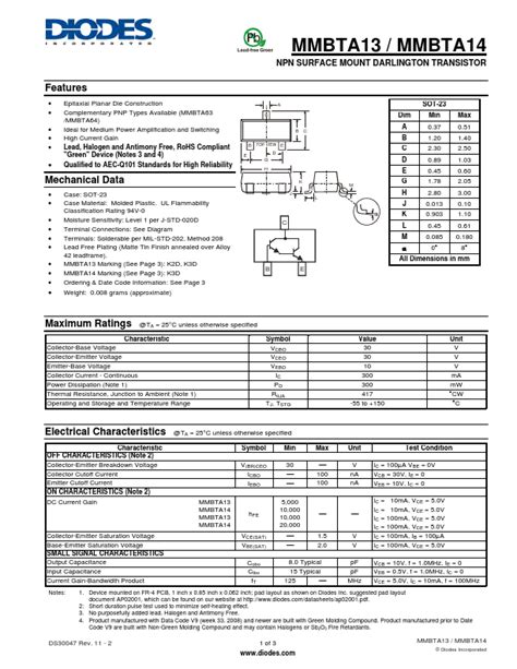 MMBTA13 Diodes Incorporated TRANSISTOR Hoja de datos Ficha técnica