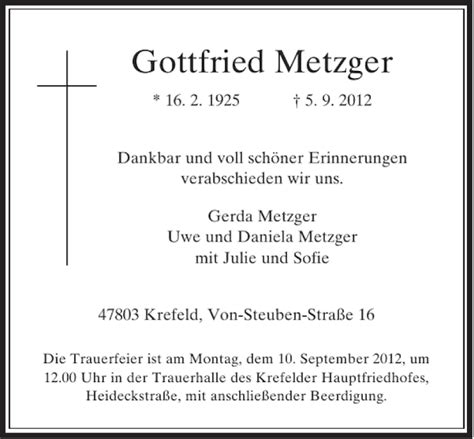 Alle Traueranzeigen für Gottfried Metzger trauer rp online de