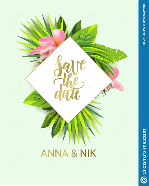 Save The Date Hand Lettering Postcard Set With Tropical Leaves Wedding