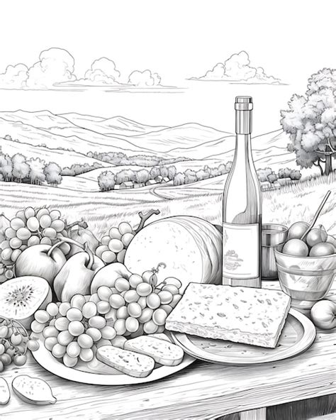 Adult Coloring Page Picnic Countryside Premium Ai Generated Image