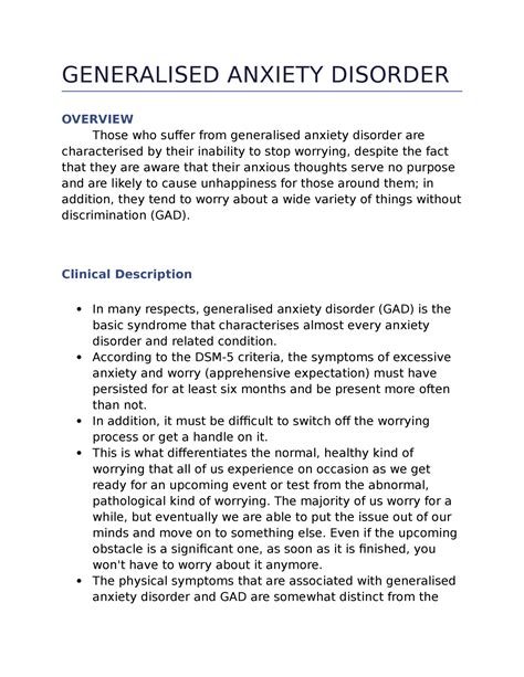 Generalised Anxiety Disorder Generalised Anxiety Disorder Overview