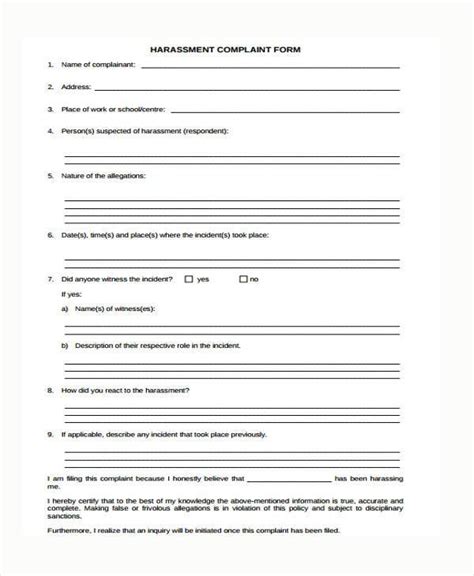 Free 7 Sample Harassment Complaint Forms In Ms Word Pdf