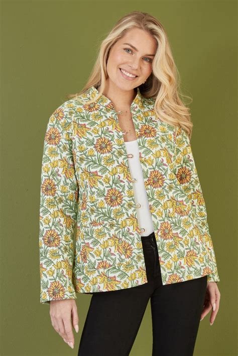 Yumi Yellow Floral Print Reversible Cotton Quilted Jacket Yumi