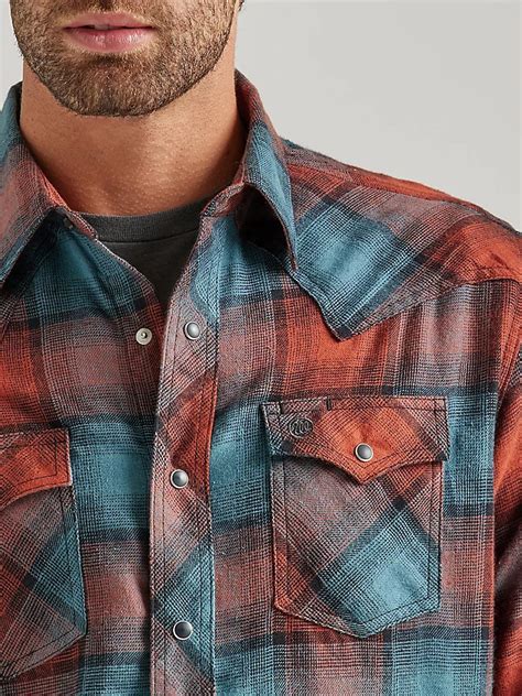 Mens Wrangler Retro® Long Sleeve Flannel Western Snap Plaid Shirt