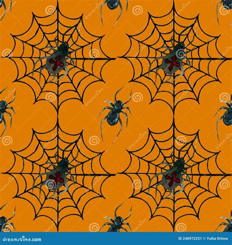 Bright Watercolor Seamless Pattern For Halloween Spider Webs On An